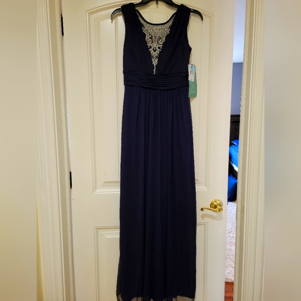 Formal, navy-blue, floor-length, dress with beaded details (Brand new!)